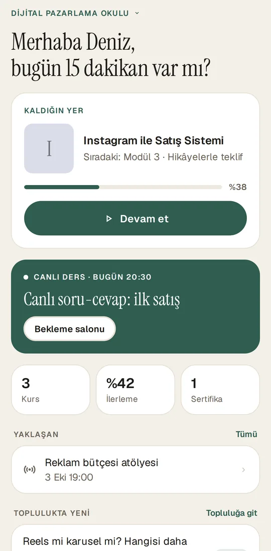 Bilgi Ticareti mobile app: Learning screen (sample data)