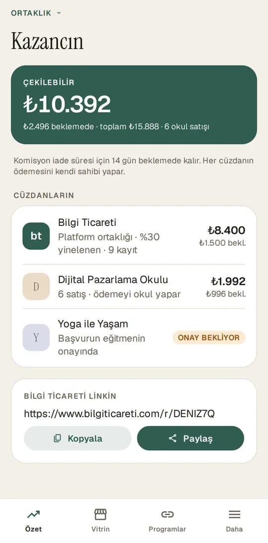 Bilgi Ticareti mobile app: Affiliate screen (sample data)