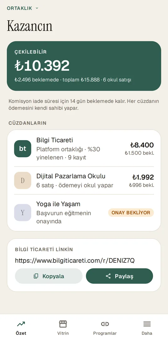 Mobil uygulama: Ortaklık ekranı (örnek veriler)