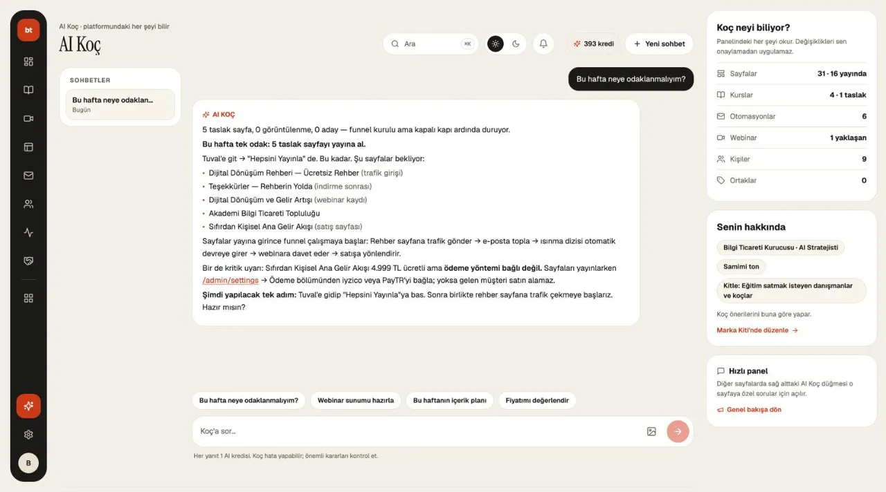 AI Koç (soldaki menüde, alttaki AI Koç düğmesi) ekranı