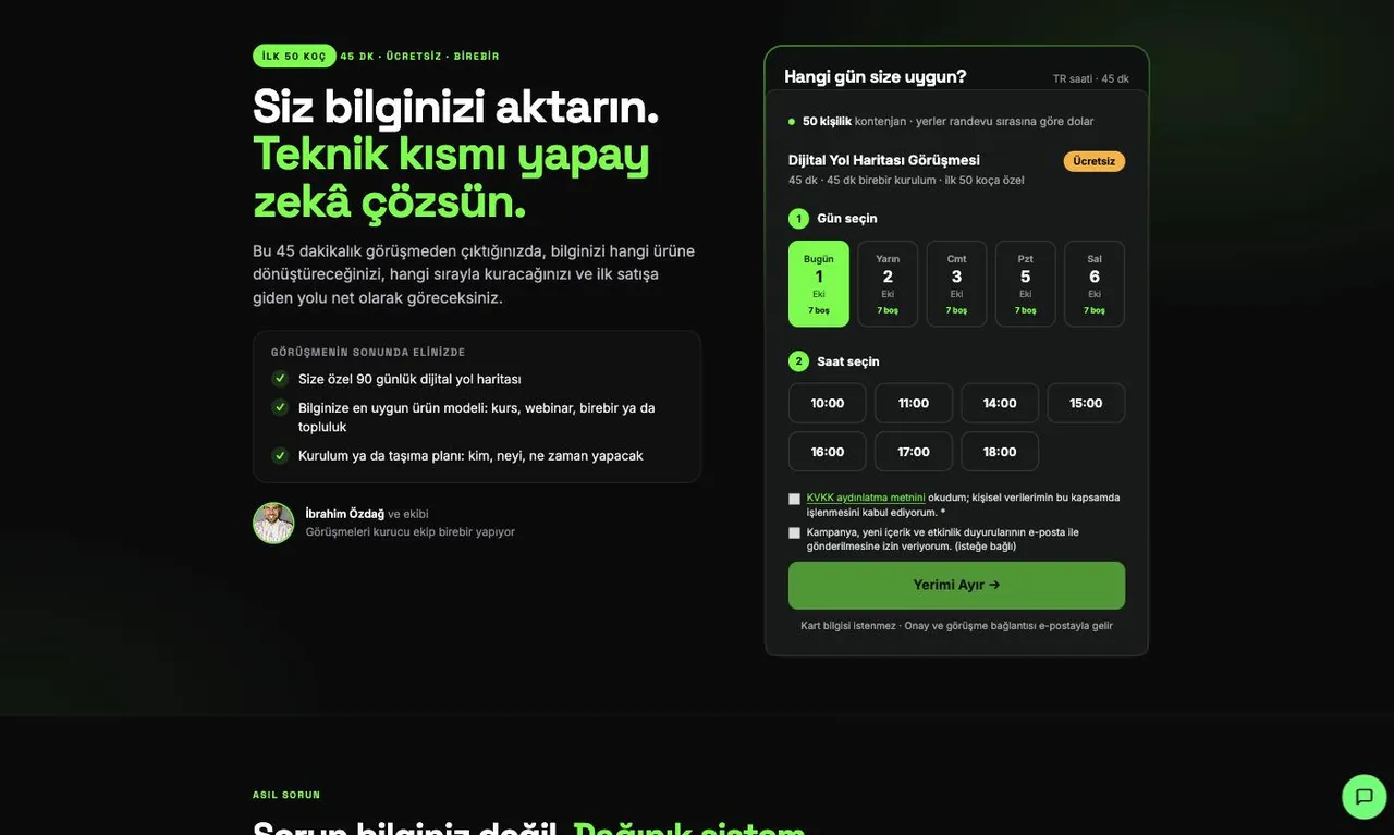 Yayındaki sayfada canlı randevu alanı ekranı