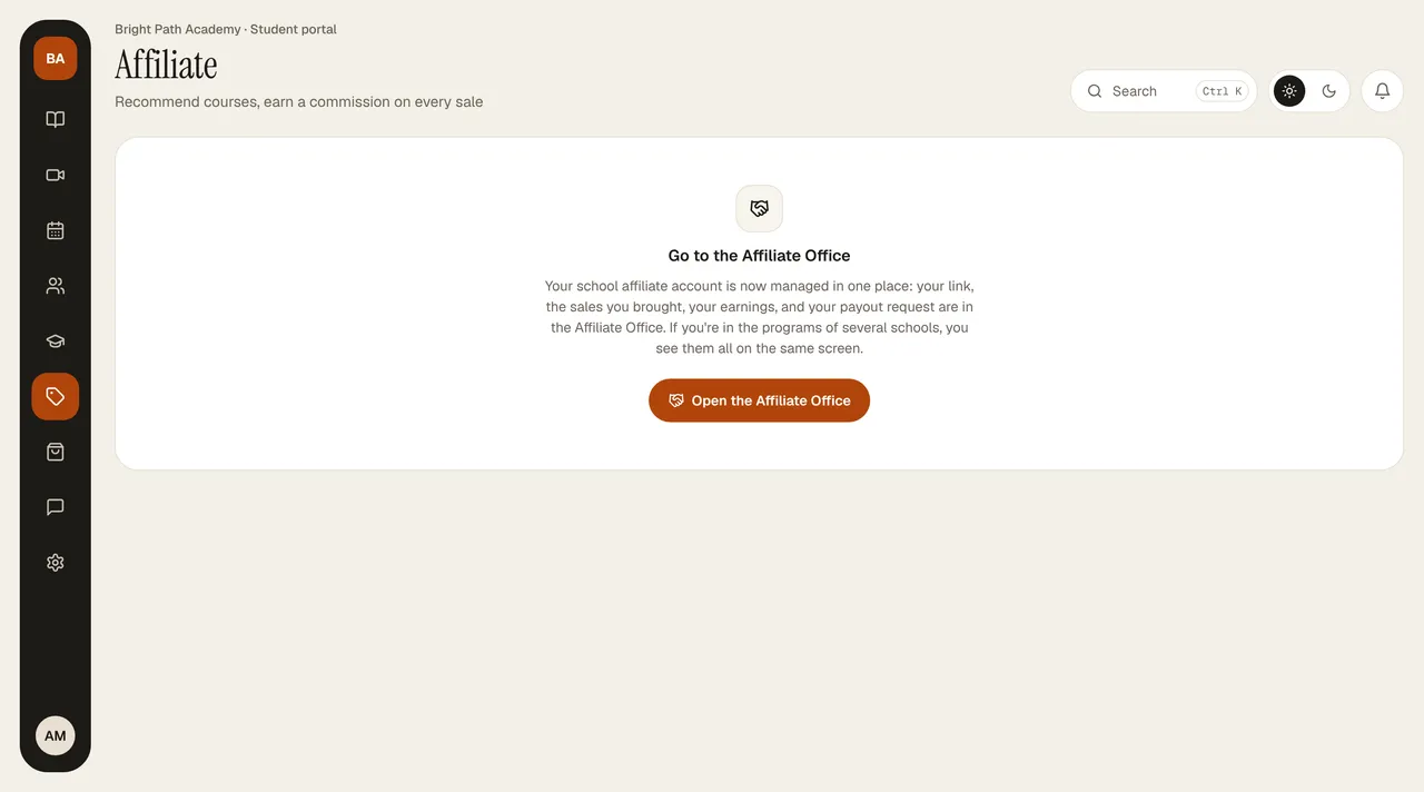 Portal › Affiliate (when the instructor’s program is off) screen