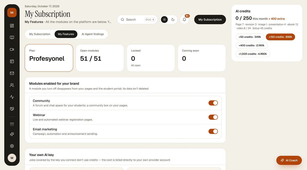 My Subscription › My features › AI credits screen