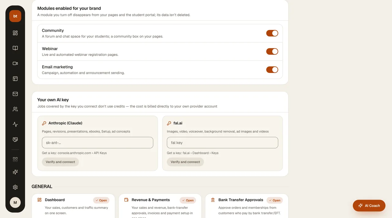 My Subscription › My features › Your own AI key screen