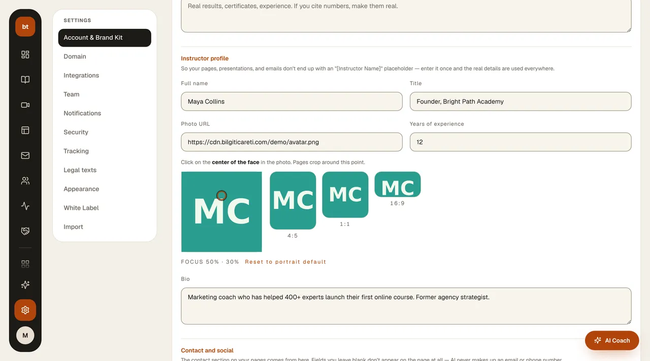 Settings › Account and Brand Kit › Instructor profile screen