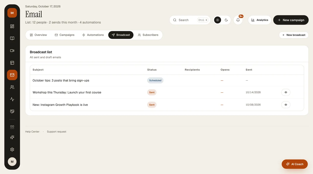 Email › Broadcast screen