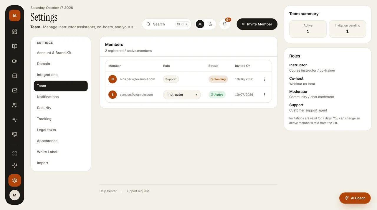 Settings › Team screen