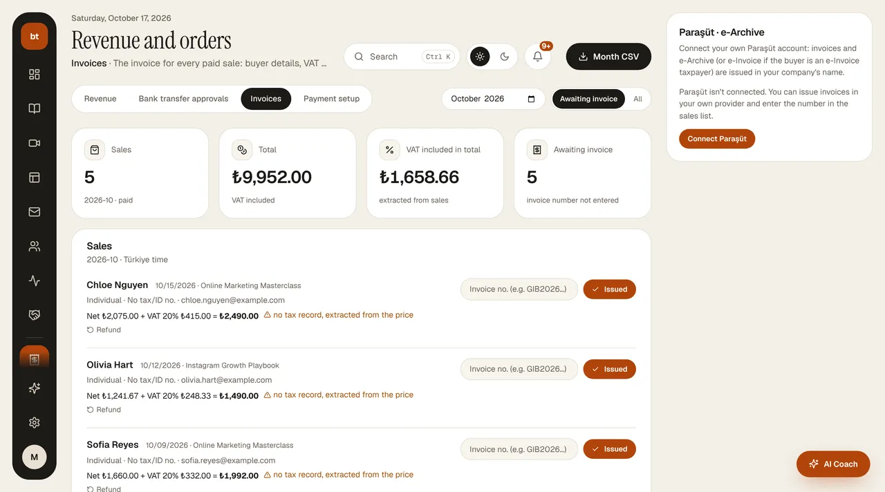 Revenue and orders › Invoices screen