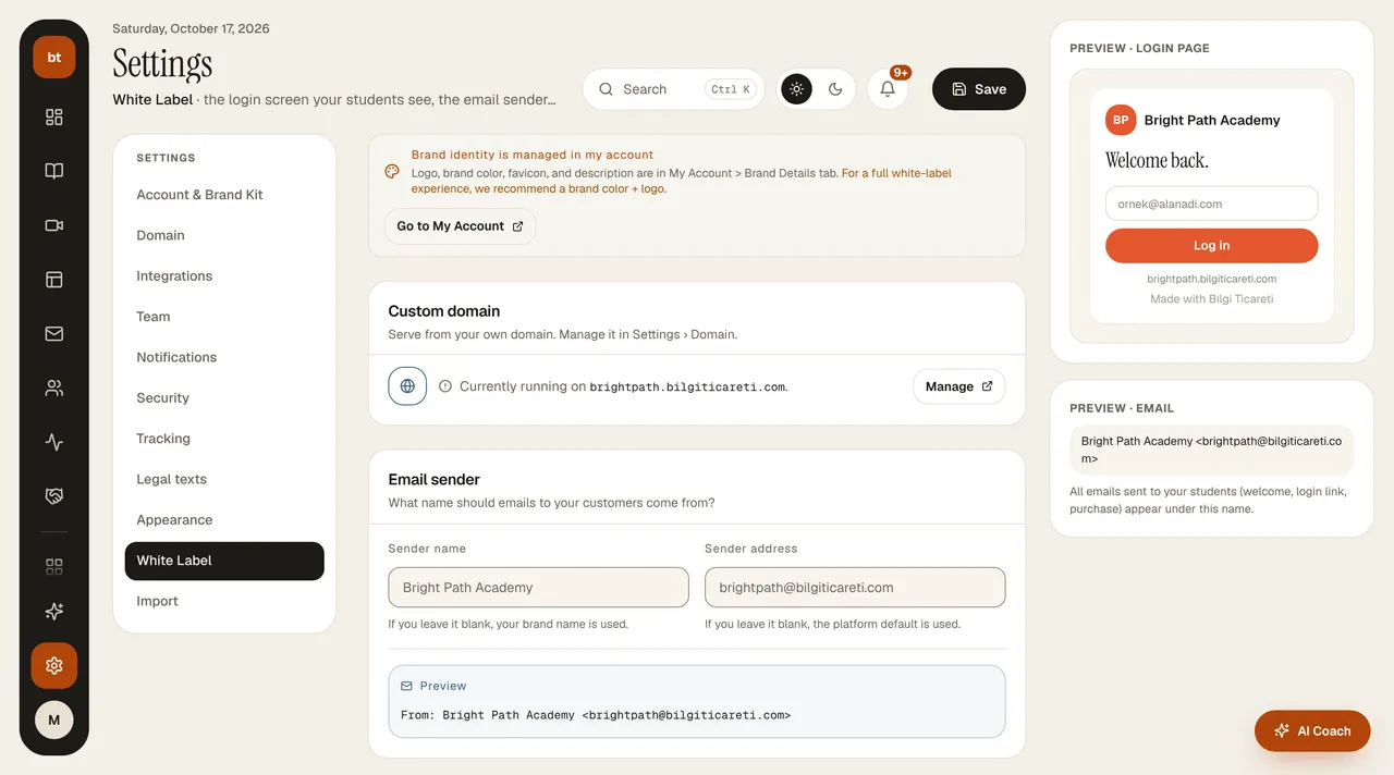Settings › White Label › Email sender screen
