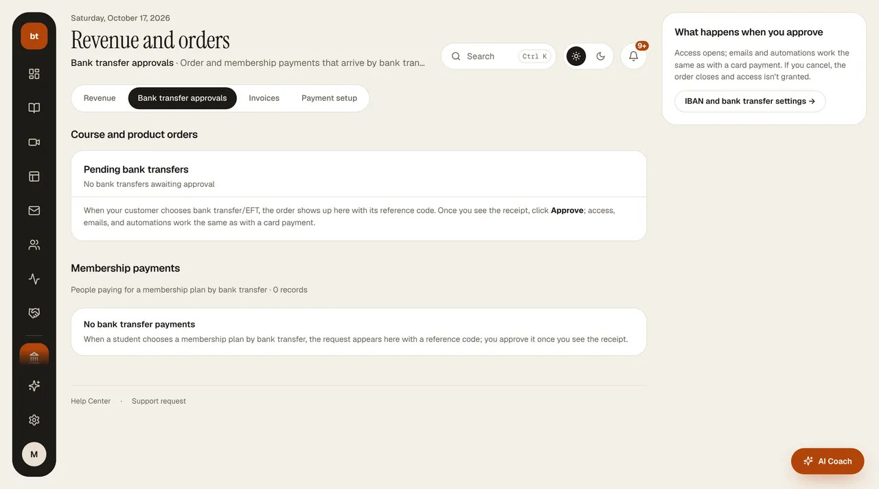 Revenue and orders › Bank transfer approvals screen