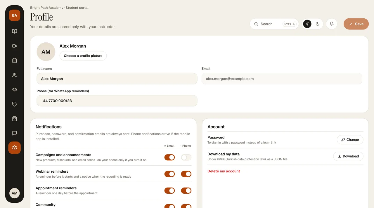 Portal › Profile › Account (Download my data, Delete my account) screen