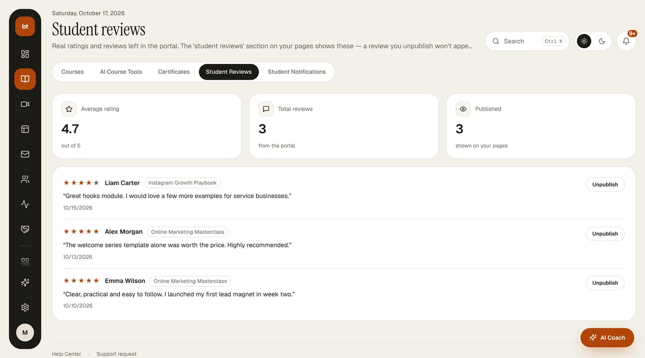 Courses › Student reviews screen