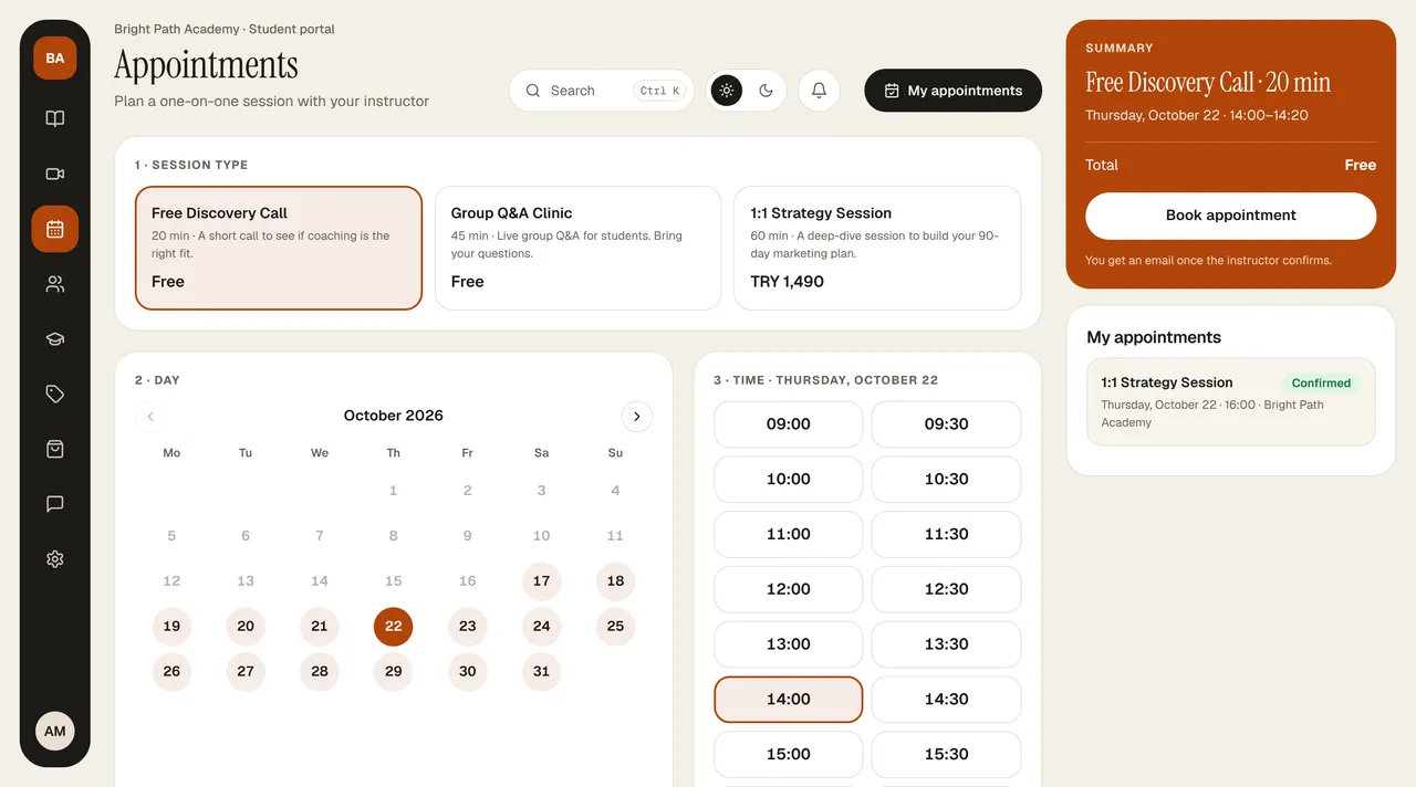 Portal › Appointments (type, day and time selected) screen