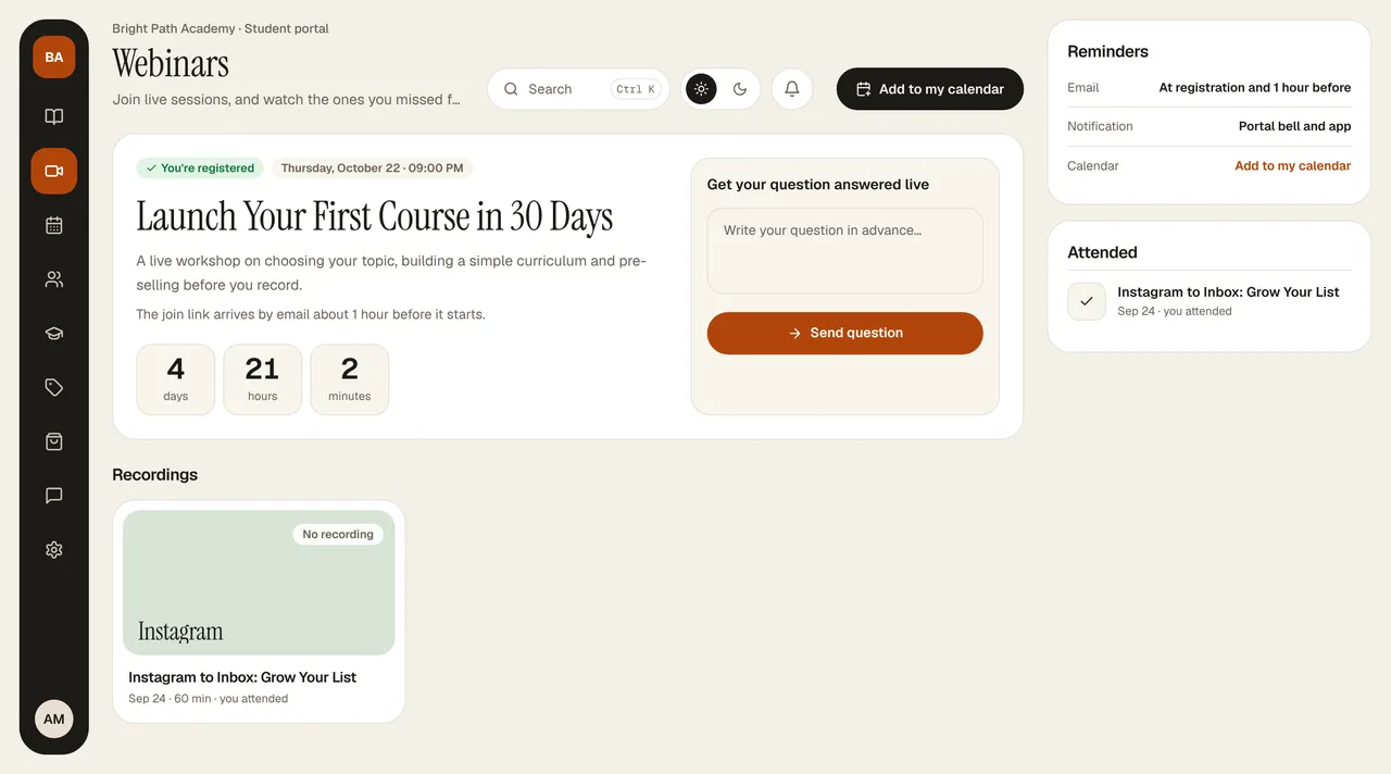Portal › Webinars screen