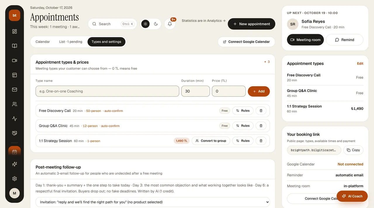 Appointments › Types and settings screen