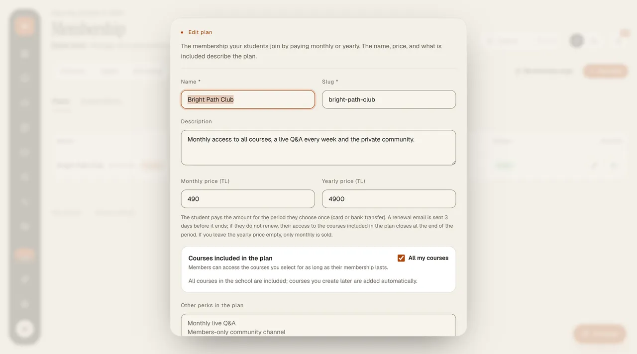 Sales tools › Membership › Edit plan screen