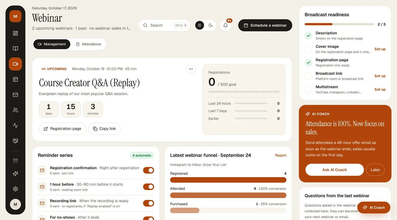Webinar (next webinar, reminder series, funnel) screen