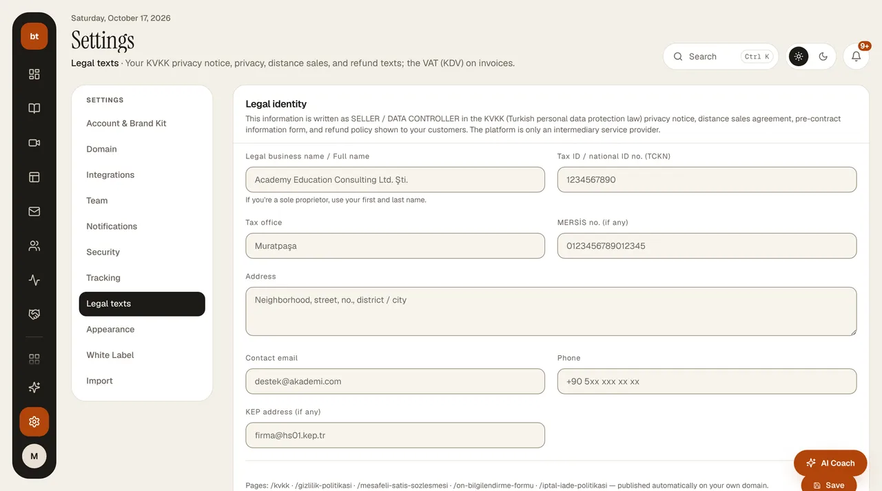 Settings › Legal texts screen