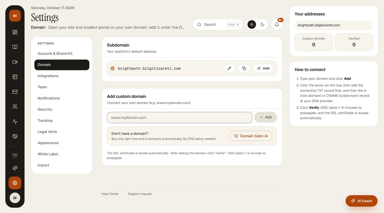 Settings › Domain screen