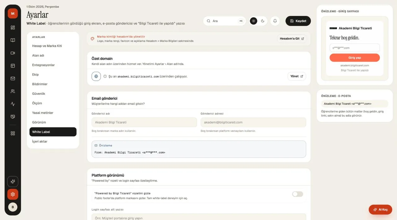 Ayarlar › White Label › Email gönderici ekranı