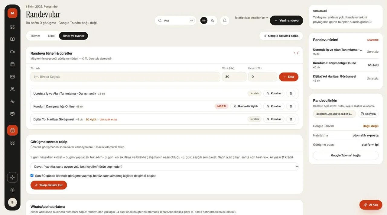 Randevular › Türler ve ayarlar › Google Takvim'i bağla ekranı