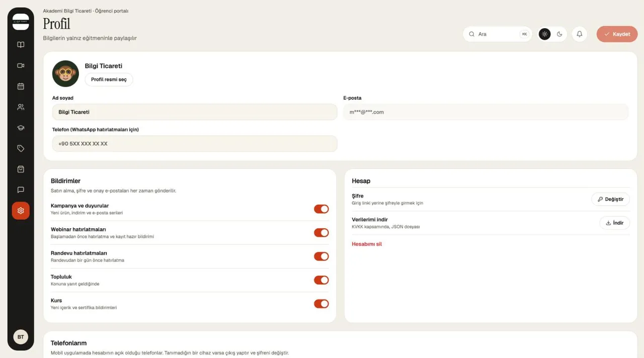 Portal › Profil › Hesap (Verilerimi indir, Hesabımı sil) ekranı