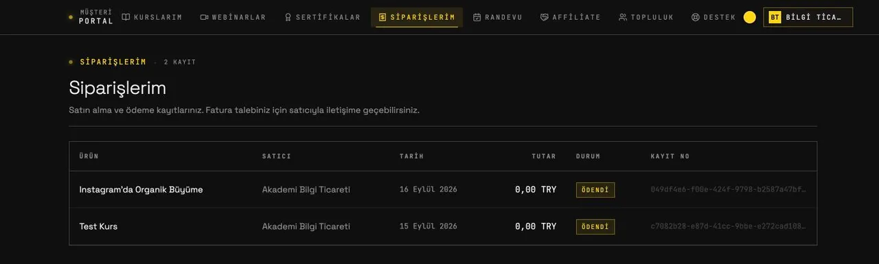 Portal › Siparişlerim ekranı