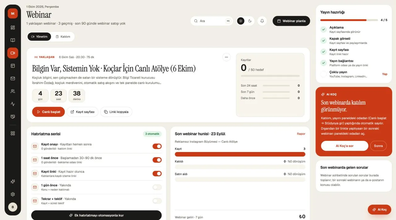 Webinar (sıradaki webinar, hatırlatma serisi, huni) ekranı